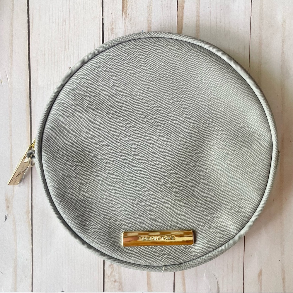 Tartan & Twine Gray Faux Leather 8” Round Cosmetic Pouch Classic Luxe NWOT